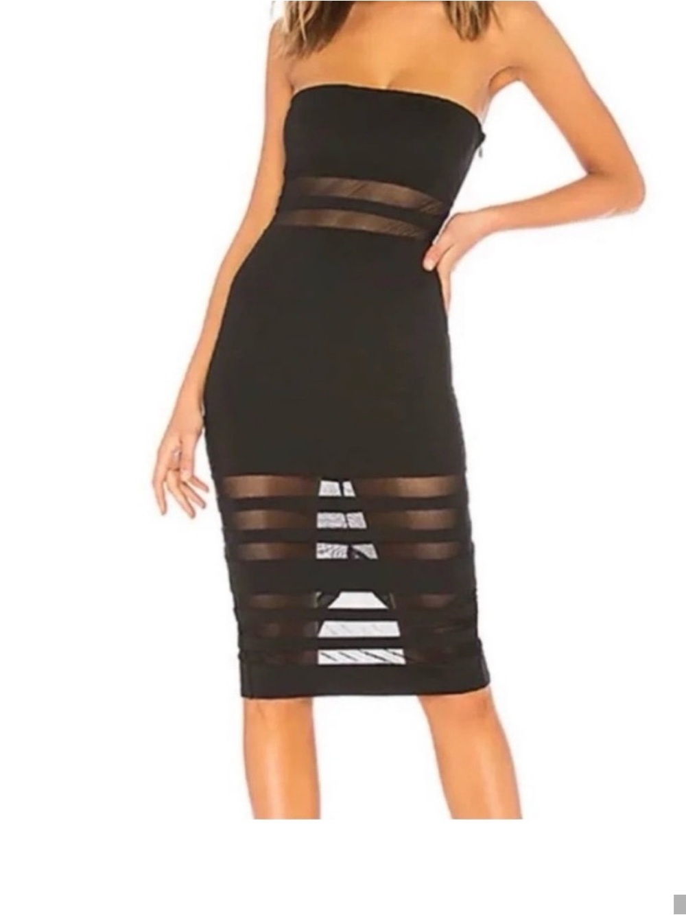 NWT Strapless Black Midi Dress with Sheer Paneling